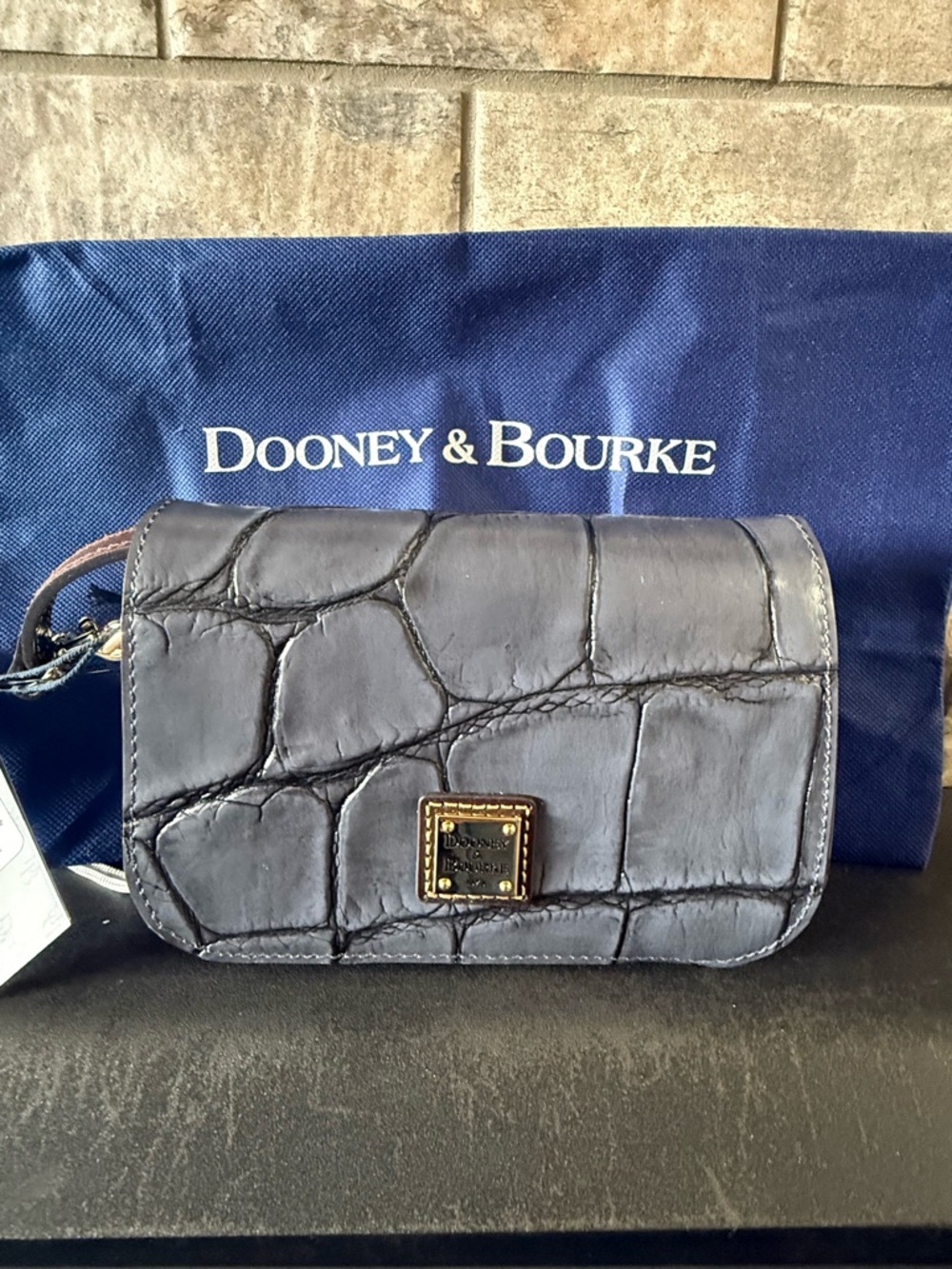Dooney & Bourke Grey Croc-Embossed Crossbody with Gold Logo Plaque